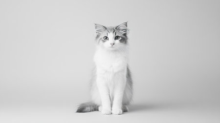 A charming American Curl cat sitting gracefully in a minimalist setting. This adorable feline features soft fur and expressive eyes, embodying serenity and charm.の素材