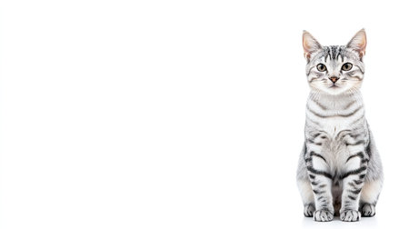This image features an adorable male American Shorthair cat with striking stripes, sitting gracefully against a clean background, showcasing its charming expression.の素材
