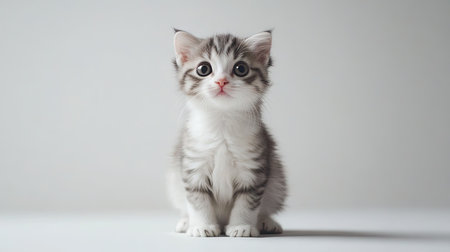 This delightful image features an American Curl cat sitting in a frontal pose, showcasing its big eyes and fluffy coat. A perfect capture for animal lovers!の素材