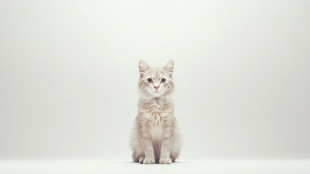 A delightful furry cat sitting upright in a minimalist setting, showcasing its beautiful curls and serene expression. Perfect for animal lovers.の素材
