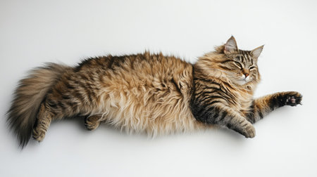 A fluffy Siberian cat lounging comfortably on a soft surface, showcasing its adorable expression and beautiful fur. Perfect for animal lovers.の素材