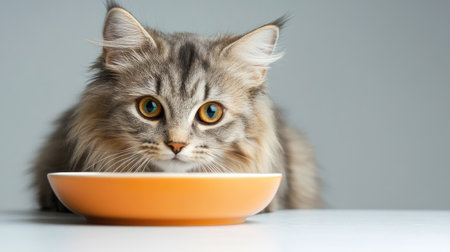 This beautiful young female Siberian Forest cat displays an adorable expression as she curiously gazes at an orange bowl, showcasing her striking fur and bright eyes.の素材