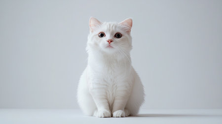 A charming white cat sits upright against a light backdrop, showcasing its fluffy fur and curious expression. Perfect for cat lovers and pets themes.の素材