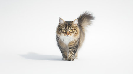This captivating image features an adorable Siberian cat standing gracefully on a white background, showcasing its stunning fur and expressive eyes, perfect for pet lovers.の素材