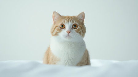 Adorable American Curl cat with bright orange and white fur sitting calmly against a soft white backdrop, showcasing its unique ears and curious expression.の素材