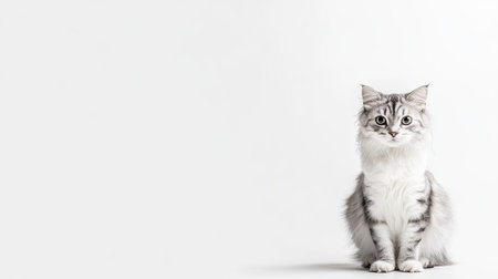 A beautiful cat sits in a frontal pose against a minimalist background. The elegant fur and captivating eyes make for a charming and peaceful portrait.の素材