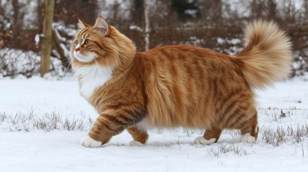 A stunning large Siberian cat confidently walks through a snowy landscape, showcasing its beautiful fur and playful demeanor in a serene winter setting.の素材