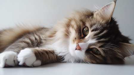 A beautiful Siberian cat with captivating eyes is seen lounging in soft light. Its fluffy fur and serene expression bring a sense of calm and charm, perfect for animal lovers.の素材