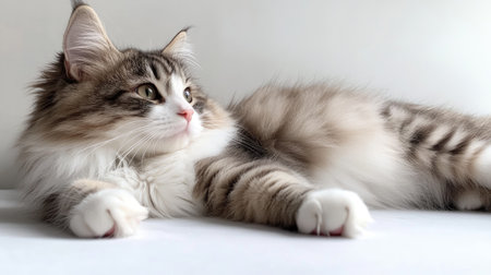 A beautiful young Siberian Forest cat lounging gracefully indoors, showcasing fluffy fur, bright eyes, and a calm demeanor. Perfect for cat lovers!の素材
