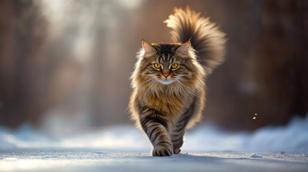 A stunning Siberian cat walks gracefully through a snowy landscape, showcasing its beautiful fur and captivating gaze. The serene atmosphere highlights its elegance and charm.の素材