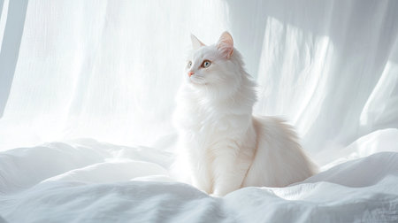 A graceful white cat sits elegantly in a serene indoor setting, bathed in soft natural light, embodying tranquility and beauty with its captivating gaze.の素材
