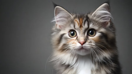 A stunning portrait of a beautiful young Siberian forest cat, showcasing its fluffy fur, striking eyes, and charming expression against a soft background.の素材