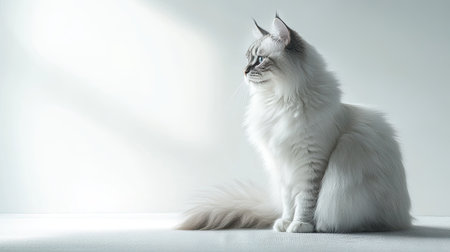 A beautiful Siberian cat is depicted sitting sideways in soft light. The serene atmosphere and fluffy fur create a tranquil and elegant portrait.の素材