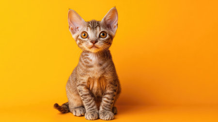 A charming Devon Rex kitten poses on a bright yellow background, showcasing its playful personality and adorable features. Perfect for cat lovers!の素材