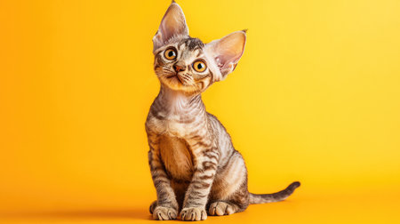 A charming Devon Rex kitten with warm brown fur sits against a vibrant yellow backdrop. This adorable young cat showcases its playful personality and unique features, inviting joy and companionship.の素材