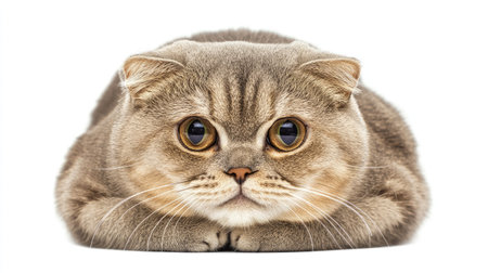 A charming close-up of a Scottish Fold cat featuring its unique rounded face and large eyes, capturing its adorable and calm demeanor. Perfect for animal lovers.の素材