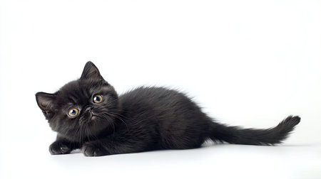 This adorable black tabby kitten with striking big eyes poses playfully on a clean white background, showcasing its fluffy fur and charming personality. Perfect for pet lovers!の素材