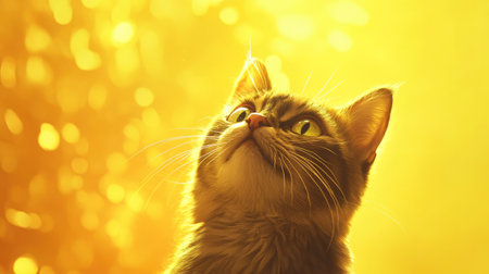 A cute cat with its head tilted upward, gazing curiously against a warm golden backdrop. Perfect for highlighting pet charm and warmth.の素材