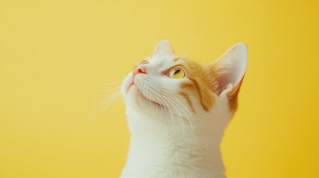 A charming portrait of a curious cat with yellow and white fur gazing upward. The vibrant yellow background enhances its playful expression, creating a joyful scene.の素材