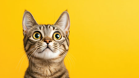 A curious cat with perked ears looks attentively against a vibrant yellow background, showcasing its playful and inquisitive nature. Perfect for pet-themed projects.の素材
