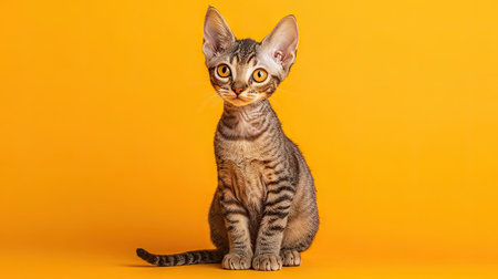 This charming brown tabby kitten sits gracefully against a vibrant yellow backdrop, showcasing its expressive eyes and playful nature. Ideal for animal lovers.の素材
