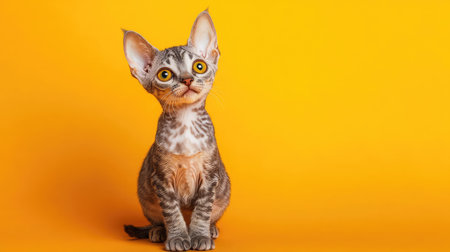 This delightful tabby kitten showcases a charming expression with large eyes against a bright yellow background, perfect for animal lovers and pet enthusiasts.の素材