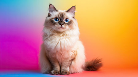 This captivating portrait features an elegant cat with striking blue eyes set against a vibrant, colorful backdrop in a studio environment.の素材