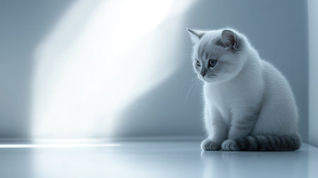 A serene portrait of an elegant Scottish Fold cat sitting peacefully in a soft light. The gentle expression and minimalist background highlight the cat's charm and beauty.の素材