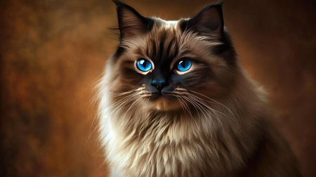 This stunning portrait captures an elegant cat with striking blue eyes, exuding calmness and beauty. The soft fur and serene expression create a captivating atmosphere.の素材