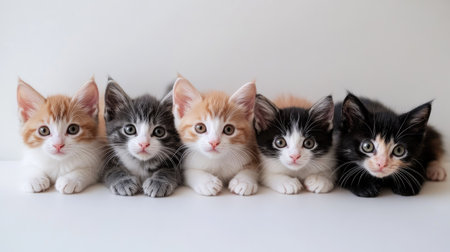 This charming image features five adorable kittens in a row, showcasing their playful nature and unique colors. Perfect for pet lovers and animal enthusiasts.の素材