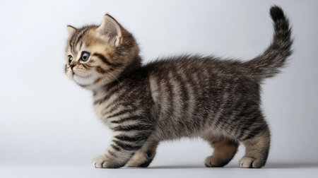 This charming black tabby shorthair kitten stands playfully, showcasing its adorable features and vibrant personality against a soft background, perfect for pet enthusiasts.の素材