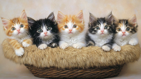 Discover a heartwarming scene of five adorable kittens in a cozy basket. Their playful expressions and multicolored fur capture the essence of joy and innocence, perfect for animal lovers.の素材