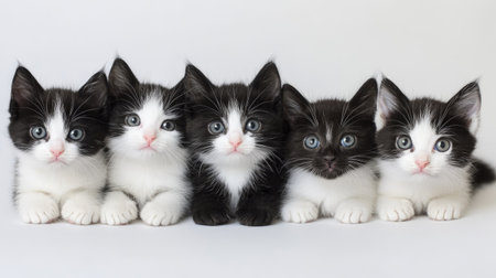 Five adorable kittens with unique coats pose together, showcasing their playful spirit and charm. Perfect for pet lovers and animal enthusiasts.の素材