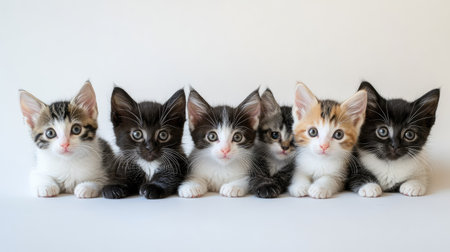 A delightful scene showcasing a row of adorable kittens of various colors and patterns, capturing their innocent charm and playful nature. Ideal for pet lovers.の素材