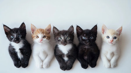 A charming group of five kittens showcases a variety of fur colors and patterns, capturing their playful and innocent nature in a delightful arrangement.の素材