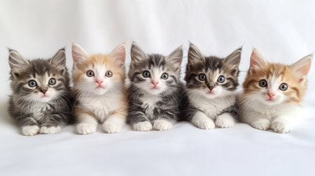 A delightful array of five unique kittens posing together. Each kitten showcases its individual charm with stunning fur patterns and expressive eyes. Perfect for animal lovers!の素材