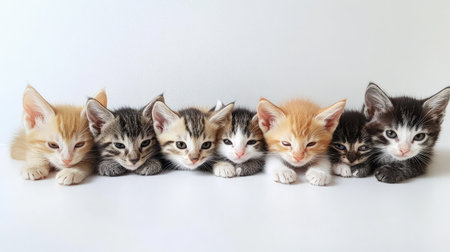 This charming image features a lineup of colorful kittens, showcasing their playful nature and adorable expressions. Perfect for cat lovers and pet enthusiasts alike!の素材
