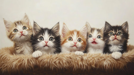 This captivating image features five adorable multicolored kittens in a cozy basket. Their expressive eyes and fluffy fur create an endearing scene that evokes warmth and joy.の素材