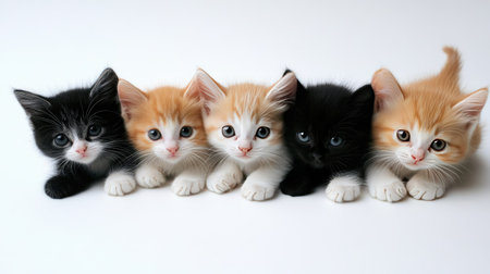 Five adorable kittens display their colorful fur and playful nature in this charming image, showcasing their innocence and cuddly appeal against a bright backdrop.の素材