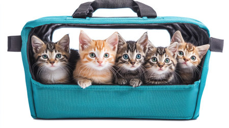 This image features five adorable multicolored kittens sitting closely together in a bag. Their playful expressions and vibrant fur make it a perfect capture of youthful delight.の素材