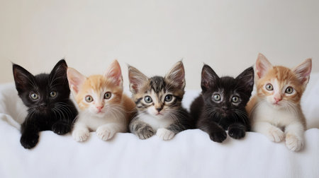 Five adorable kittens of various colors sit together in a cozy setting, showcasing their playful nature and sweet expressions. Perfect for pet lovers.の素材