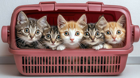 A heartwarming image of five adorable kittens nestled together in a pet carrier. Their bright eyes and multicolored fur capture the essence of cuteness and joy.の素材