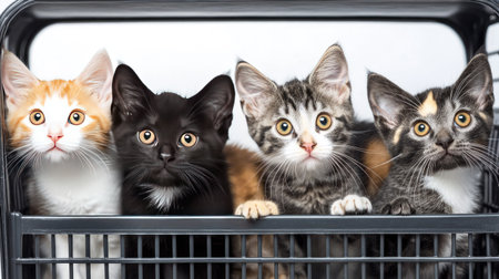 Meet four adorable kittens of different fur colors sitting together in a cozy basket. Their curious expressions bring joy and warmth, perfect for any cat lover.の素材