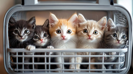 A charming scene featuring five adorable kittens of various colors inside a cozy pet carrier. Their curious expressions capture the sweetness of these playful companions.の素材