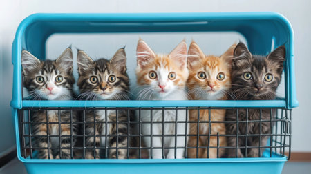 A charming scene featuring six cute kittens in a basket, showcasing their different fur colors and adorable expressions, perfect for pet lovers.の素材