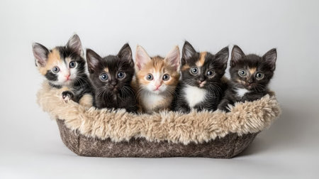 Five adorable multicolored kittens cuddle together in a cozy basket. Their expressive eyes and playful nature create a heartwarming scene perfect for animal lovers.の素材