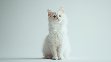 This image captures a fluffy white American Curl cat sitting gracefully, showcasing its unique features and striking eyes against a soft background. Perfect for animal lovers.の素材