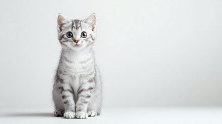 This image features an adorable American Curl cat sitting in front view. With its striking blue eyes and soft fur, the kitten exudes a charming and playful demeanor, perfect for any pet lover's collection.の素材