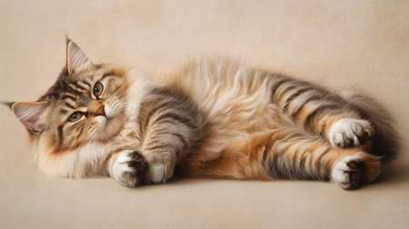 This image features a fluffy Siberian cat lying down comfortably, showcasing its adorable face and soft fur. Perfect for cat lovers and animal enthusiasts.の素材