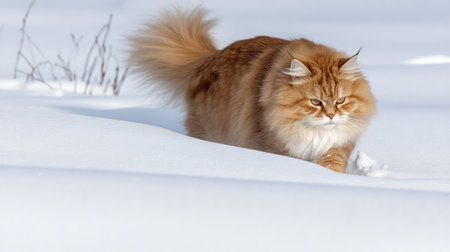 A majestic Siberian cat walks gracefully across fresh snow, showcasing its stunning fur and unique beauty against a serene winter landscape.の素材